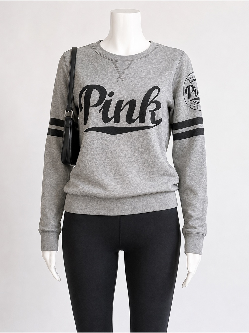 Victoria’s Secret PINK Gray Logo Sweatshirt XS Varsity Striped Sleeve